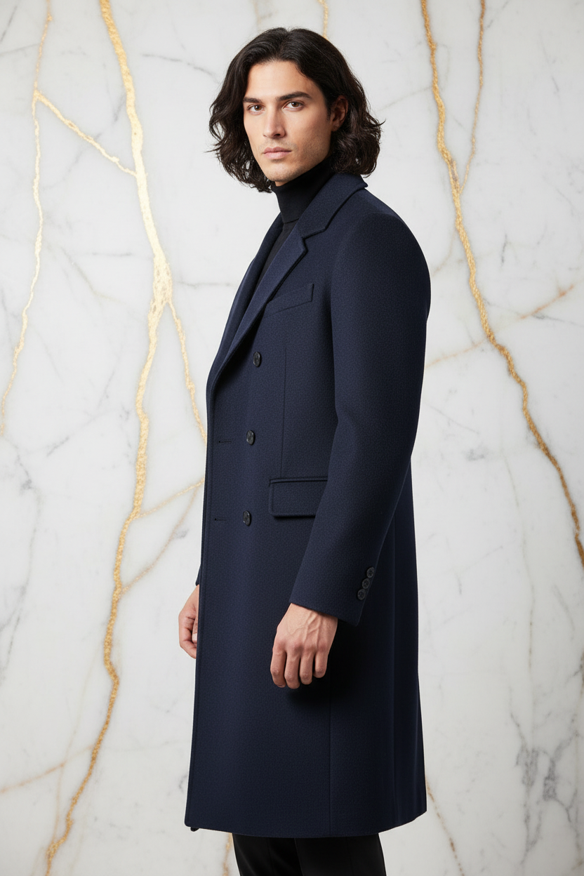 Navy Blue Wool Coat - Left Side