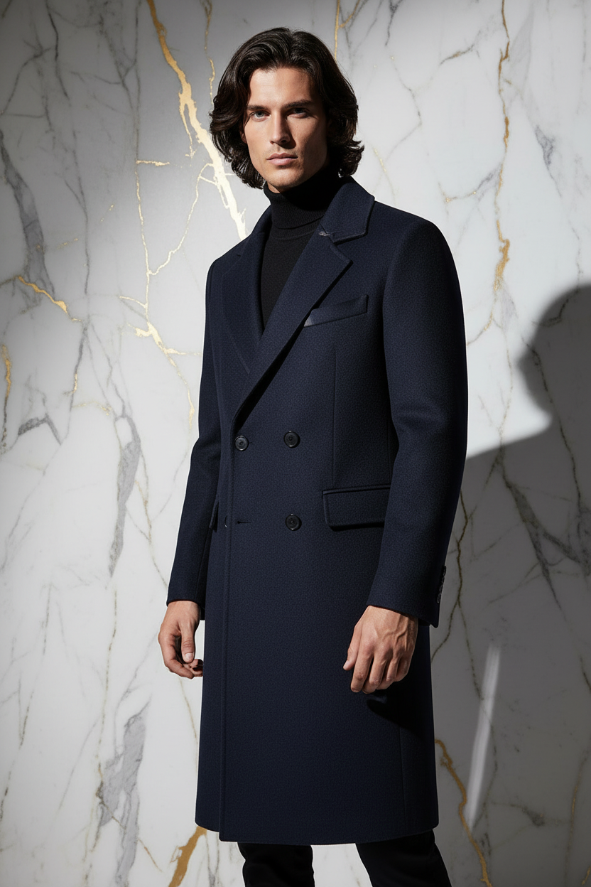 Navy Blue Wool Coat - Three Quarter Front