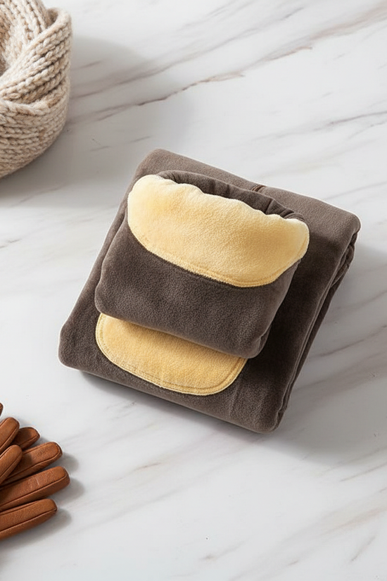 Neatly folded with scarf and gloves