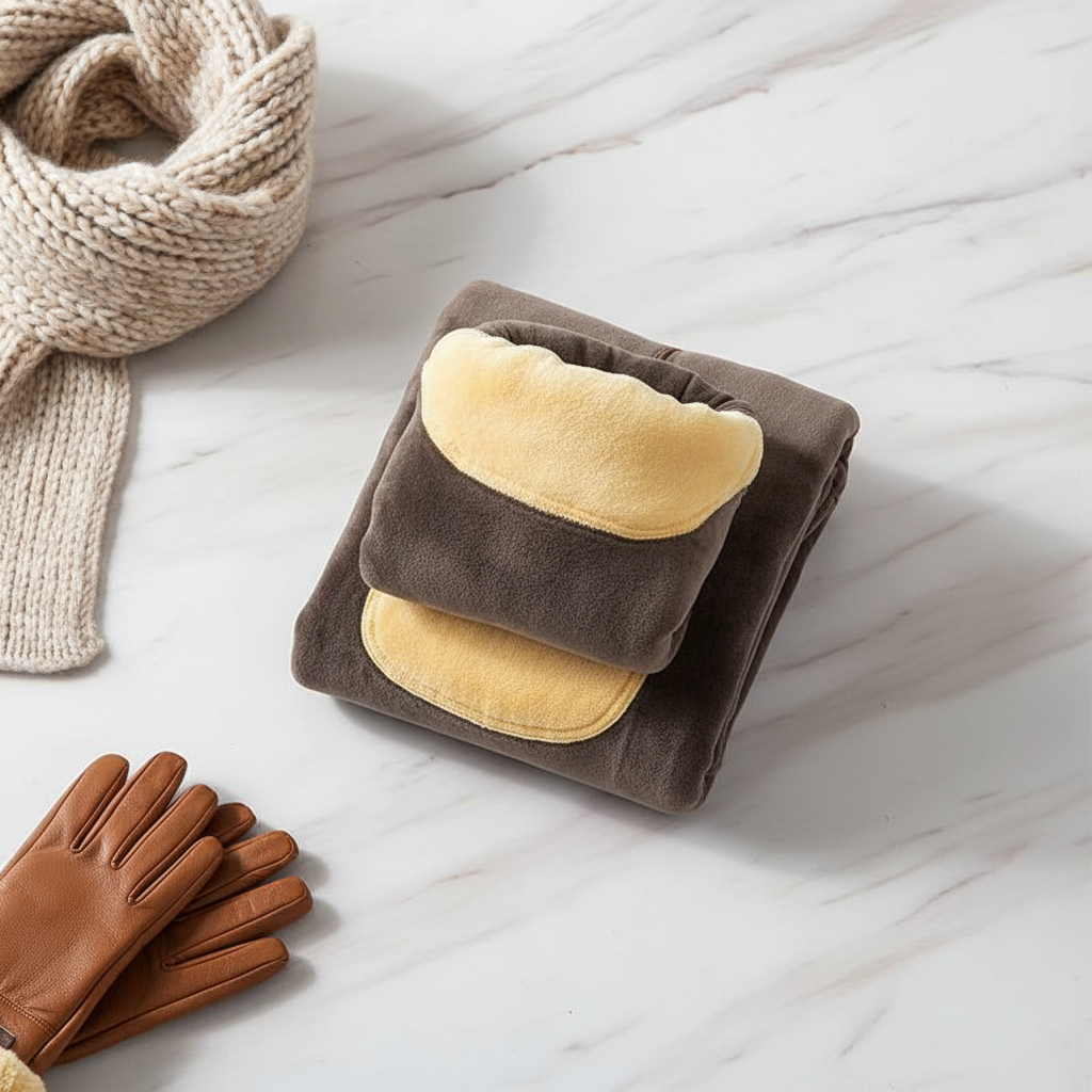 Neatly folded with scarf and gloves