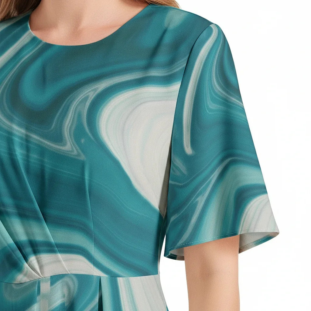 Woman wearing teal marble print dress with round neckline and short flutter sleeves from Ivorynn