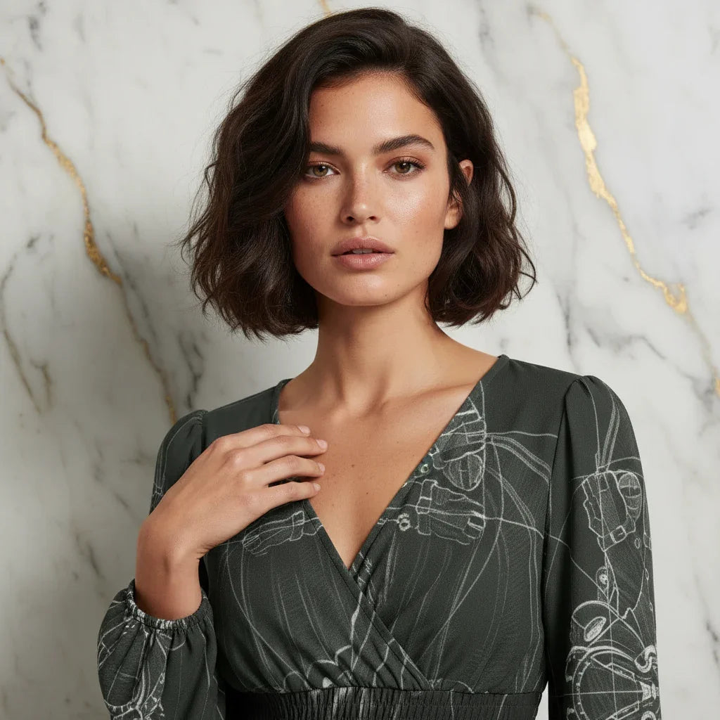 Elegant woman in dark patterned dress, marble background, Ivorynn stylish fashion apparel