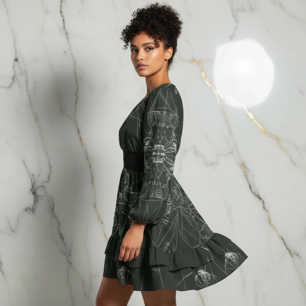 Woman in a stylish black printed dress from Ivorynn, standing against a marble wall