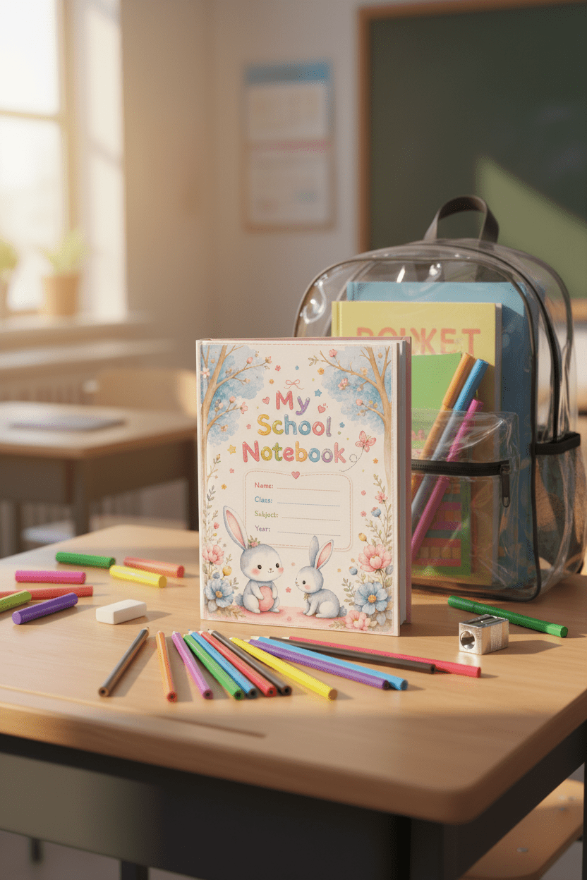 Notebook with stationery on desk