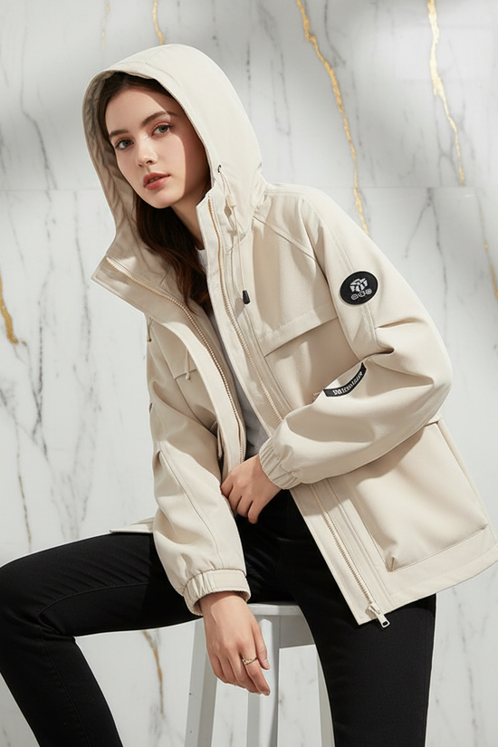 Off-white jacket seated pose