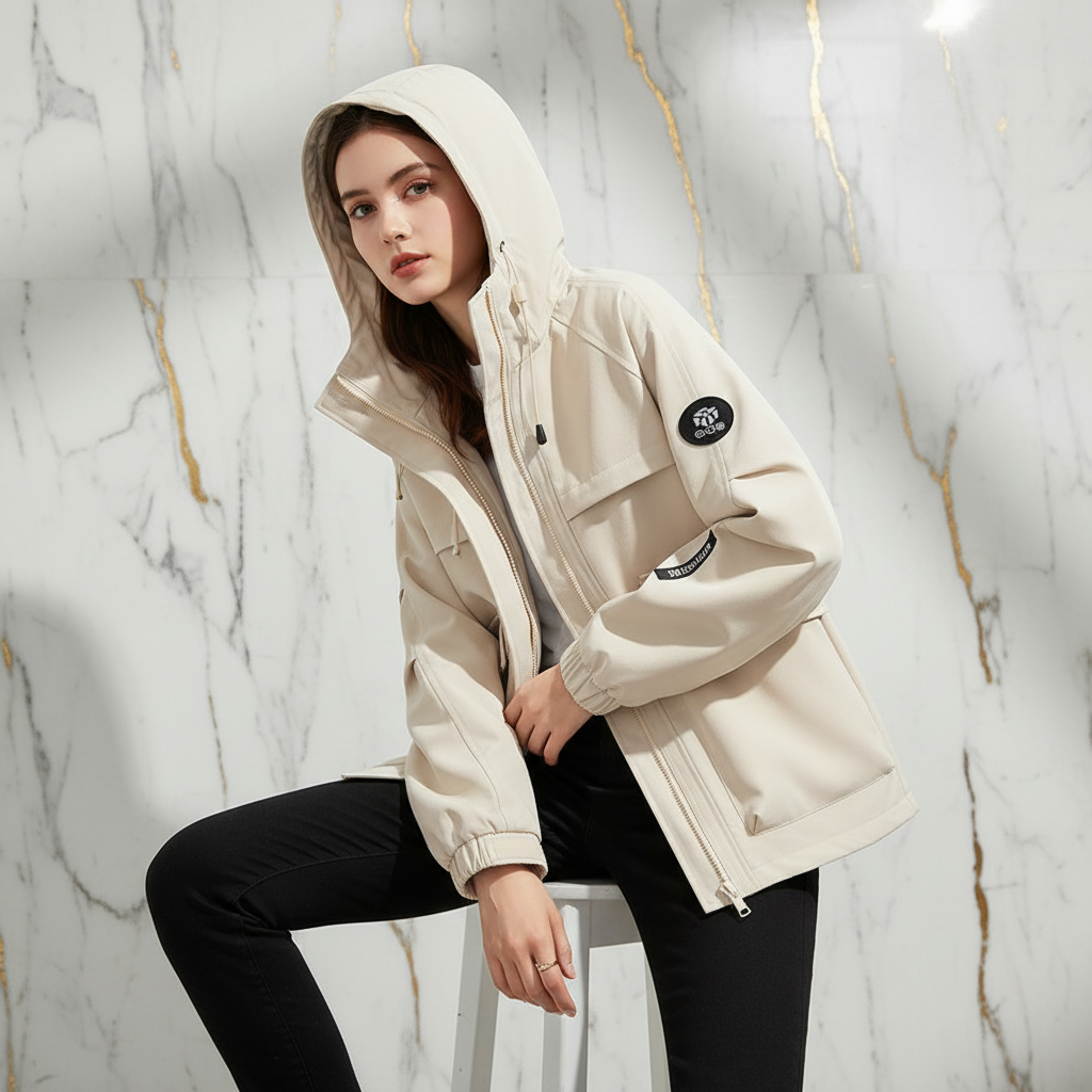 Off-white jacket seated pose