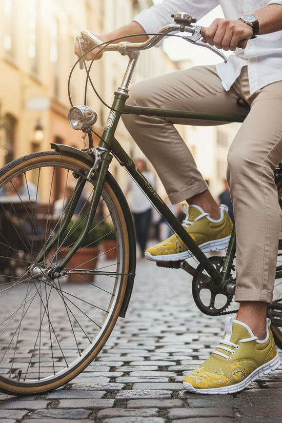 On bicycle in European street
