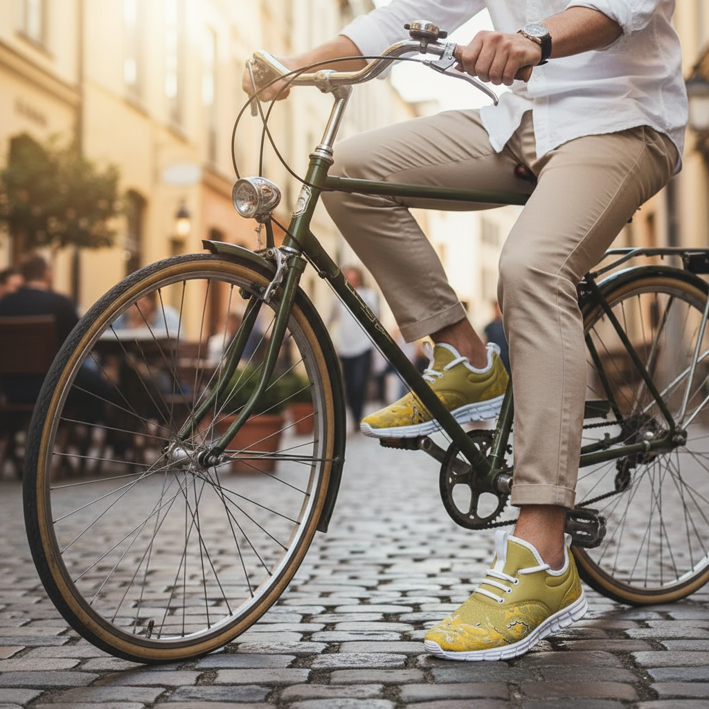 On bicycle in European street