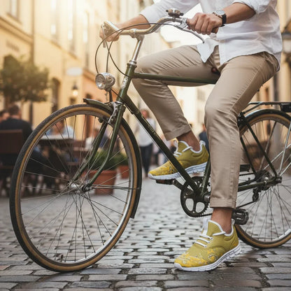On bicycle in European street