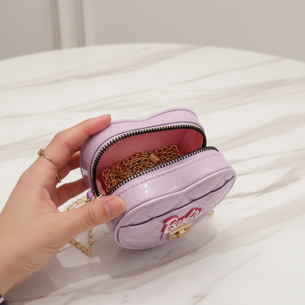 Opened lavender mini heart Barbie bag