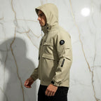 Opposite side profile - athletic man in khaki jacket