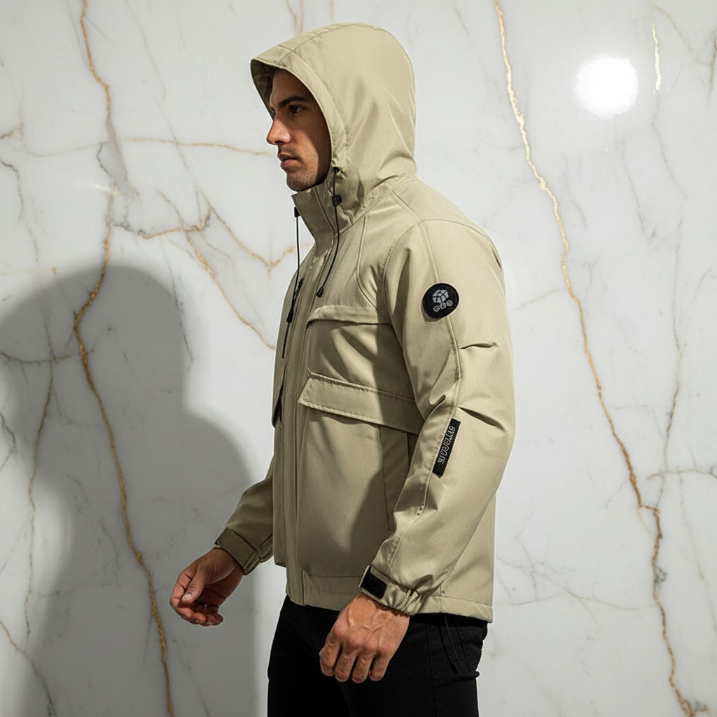 Opposite side profile - athletic man in khaki jacket