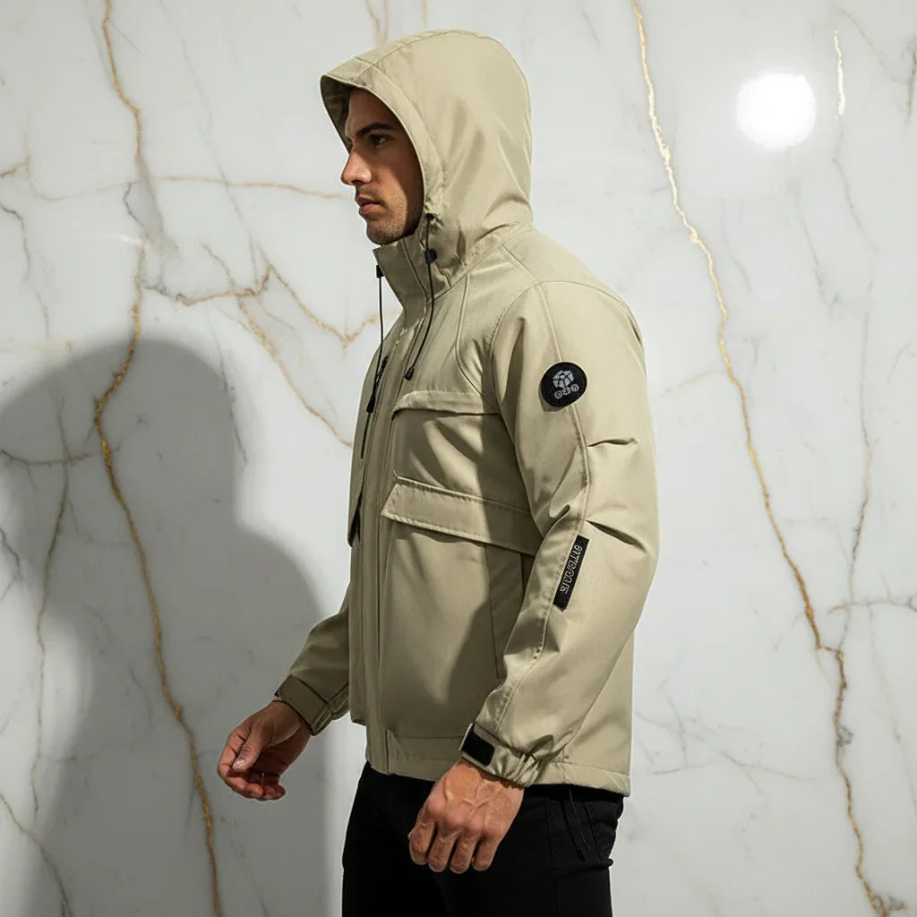 Opposite side profile - athletic man in khaki jacket