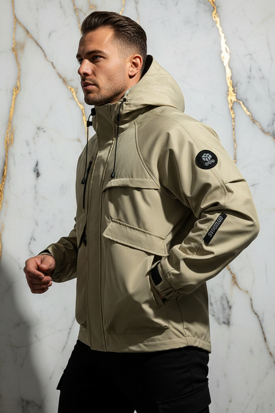 Opposite side profile - athletic man in khaki jacket