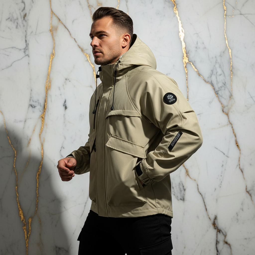 Opposite side profile - athletic man in khaki jacket