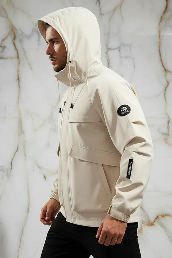 Opposite side profile - sporty man in off-white jacket