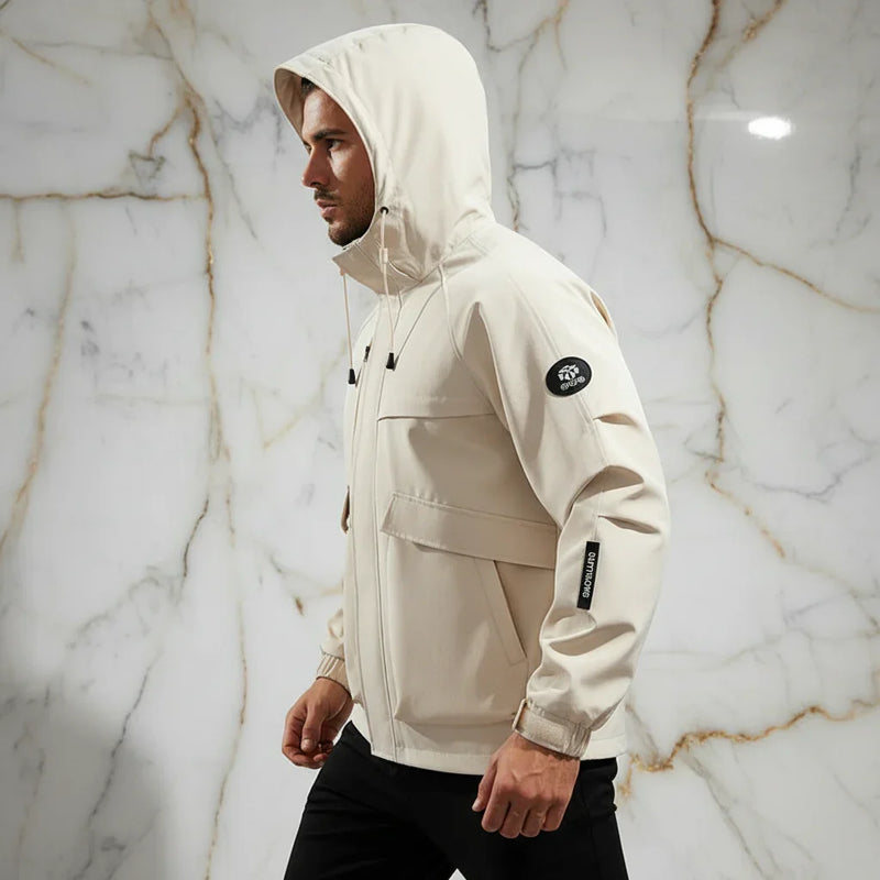 Opposite side profile - sporty man in off-white jacket