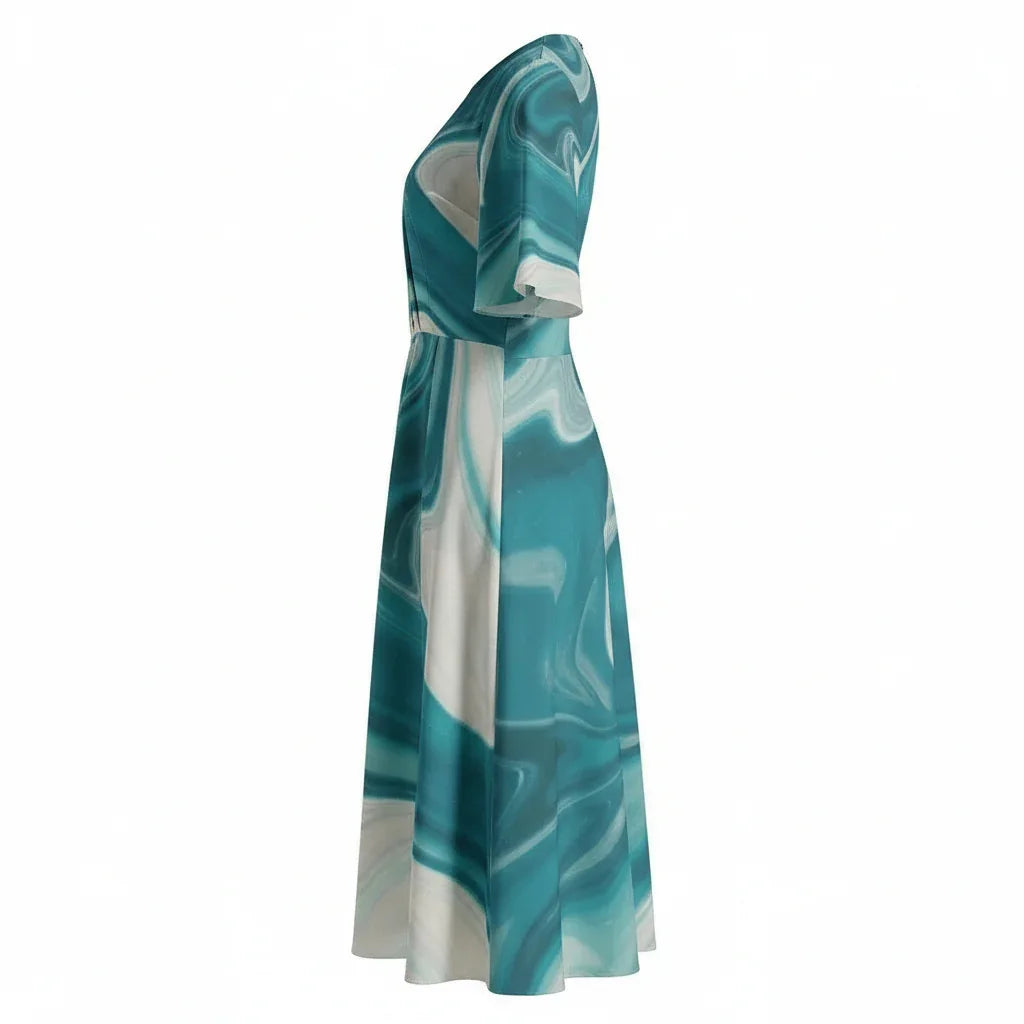 Teal and white marble print midi dress with short sleeves, side profile, Ivorynn fashion