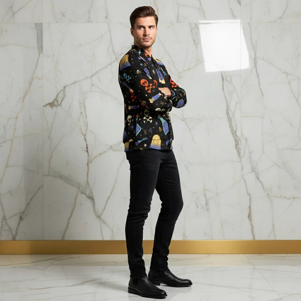 Man in stylish printed jacket and black jeans poses against a marble wall at Ivorynn fashion store