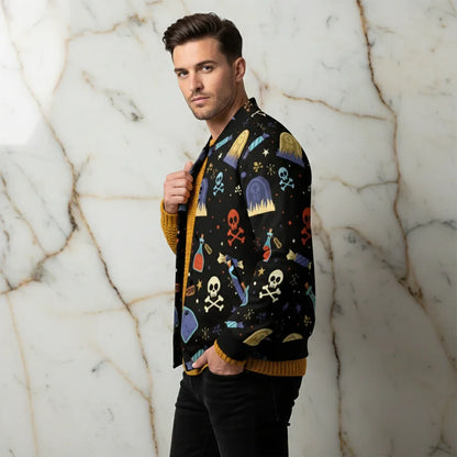 Man wearing a black bomber jacket with colorful skull and Halloween motifs, stylish apparel by Ivorynn