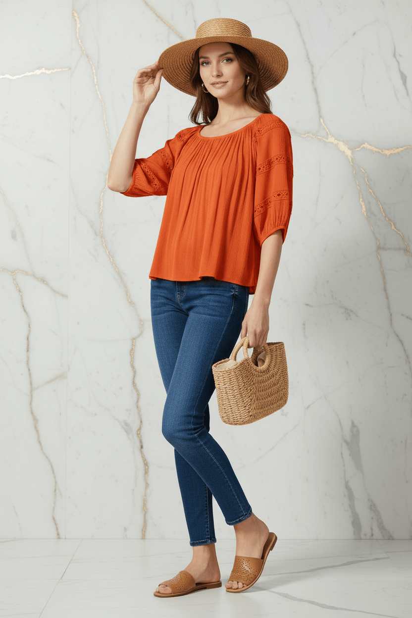 Orange Blouse Front Angle Full Body