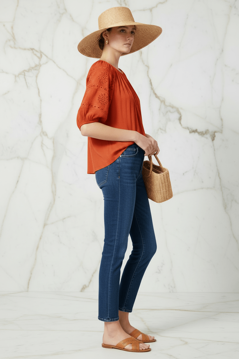 Orange Blouse Right Side Full Body