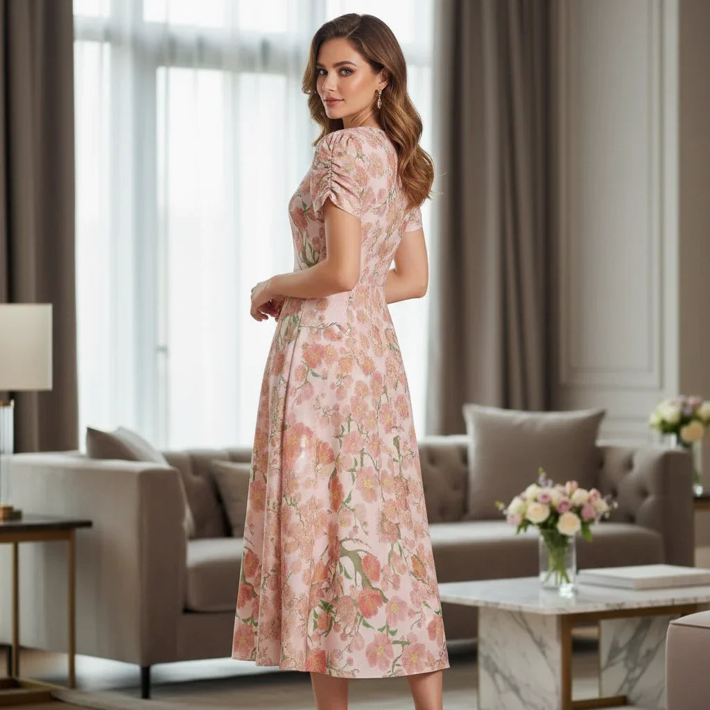 Woman in floral pink midi dress standing in a modern living room, Ivorynn fashion