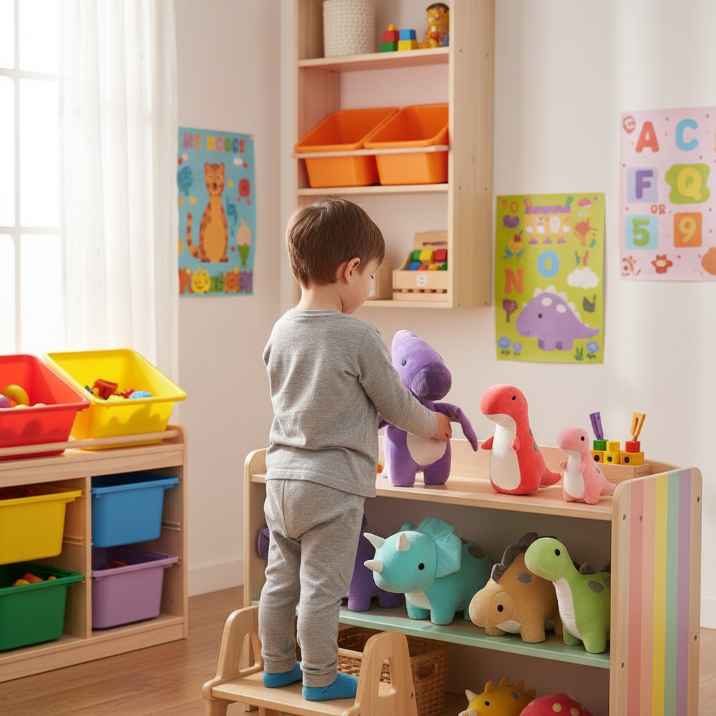 Over-shoulder view organizing plushes