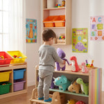 Over-shoulder view organizing plushes