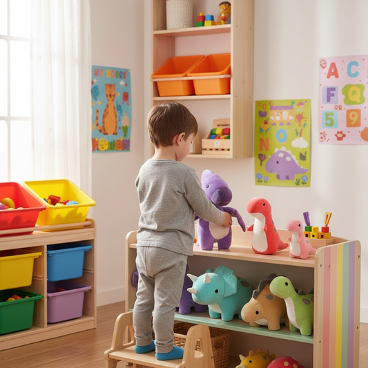 Over-shoulder view organizing plushes