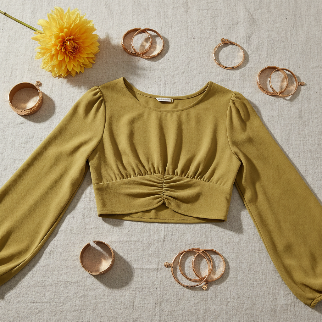 Overhead flat lay with bohemian accessories and yellow dahlia