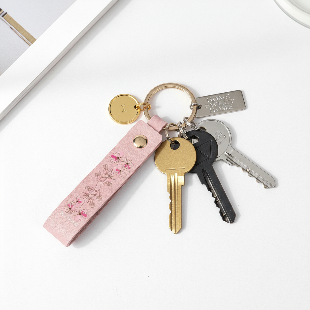 Overhead flat lay with keys and accessories