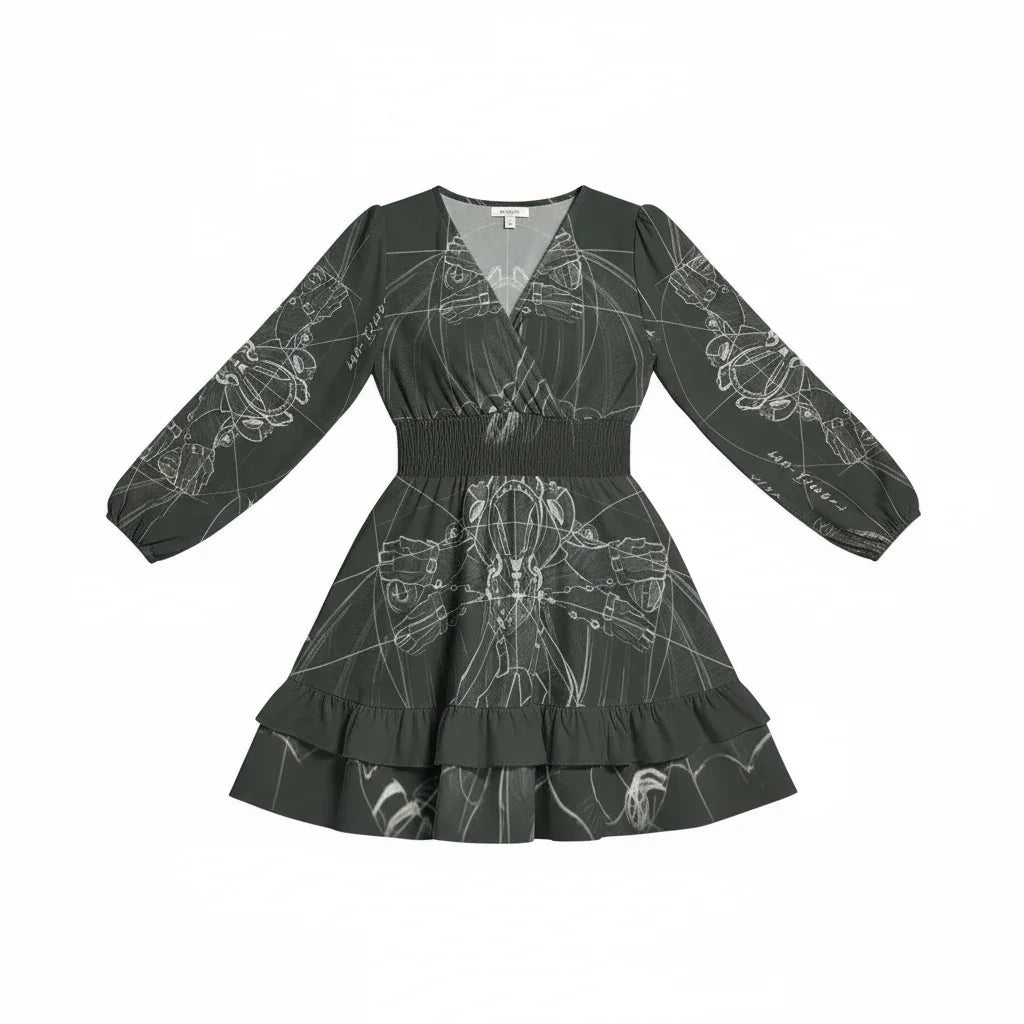 Black long sleeve women’s dress with abstract white print, ruffled hem, stylish Ivorynn fashion