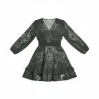 Black long sleeve women’s dress with abstract white print, ruffled hem, stylish Ivorynn fashion