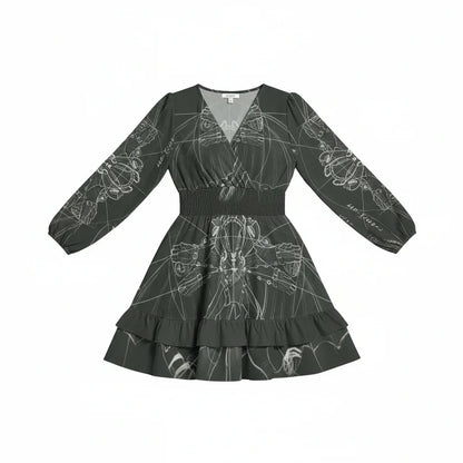 Black long sleeve women’s dress with abstract white print, ruffled hem, stylish Ivorynn fashion