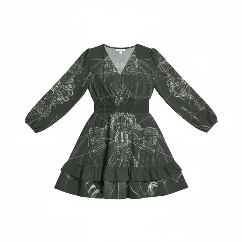 Black long sleeve women’s dress with abstract white print, ruffled hem, stylish Ivorynn fashion