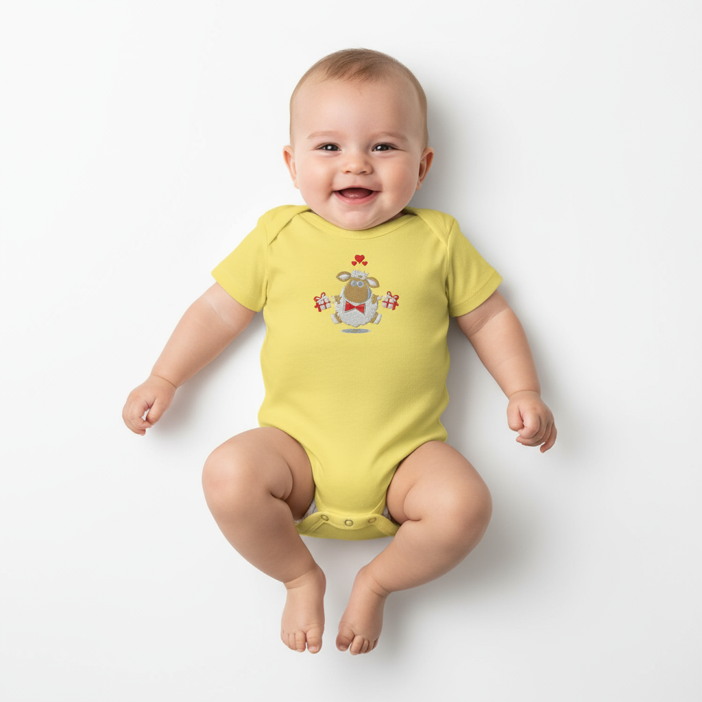 Overhead view of baby in yellow onesie