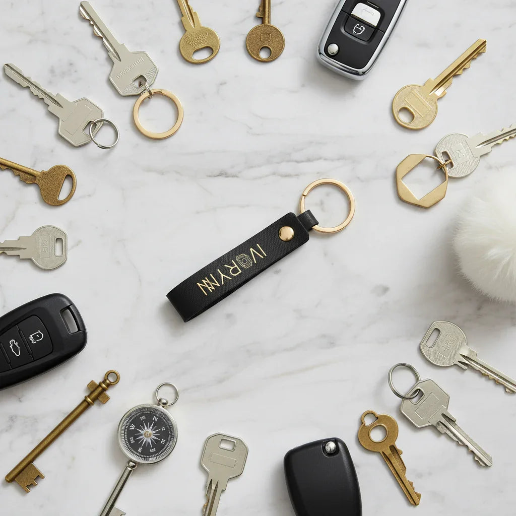 Overhead view of keychain and key collection