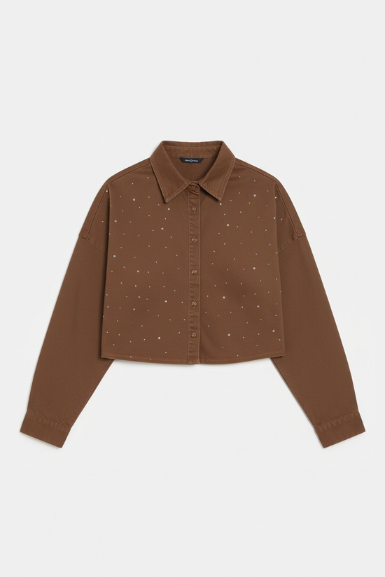 Overhead view of milk chocolate denim shirt