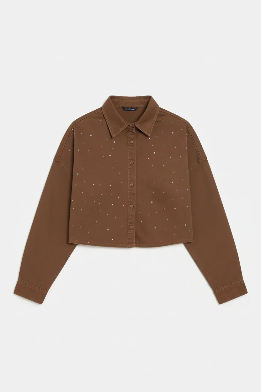 Overhead view of milk chocolate denim shirt