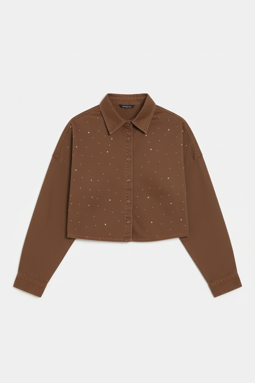 Overhead view of milk chocolate denim shirt