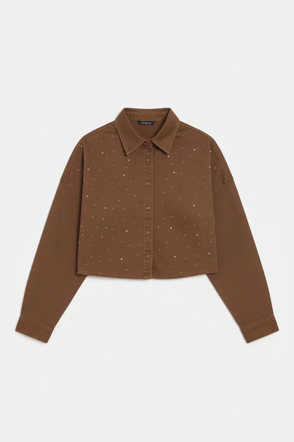 Overhead view of milk chocolate denim shirt