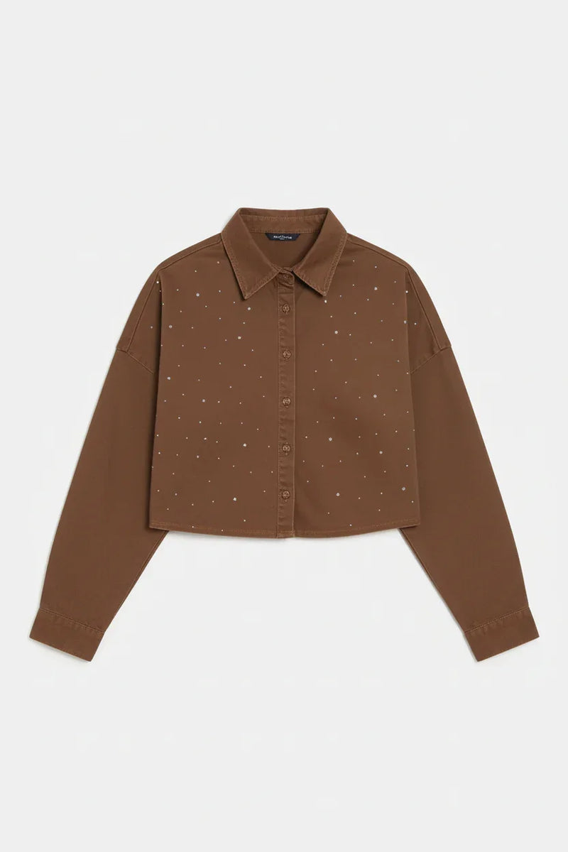 Overhead view of milk chocolate denim shirt