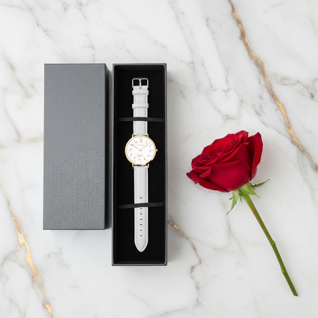 Overhead view of watch in box with red rose