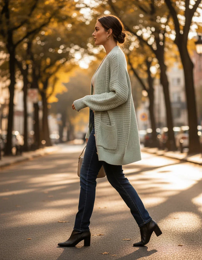 Pale Green Cardigan Lifestyle - Side View