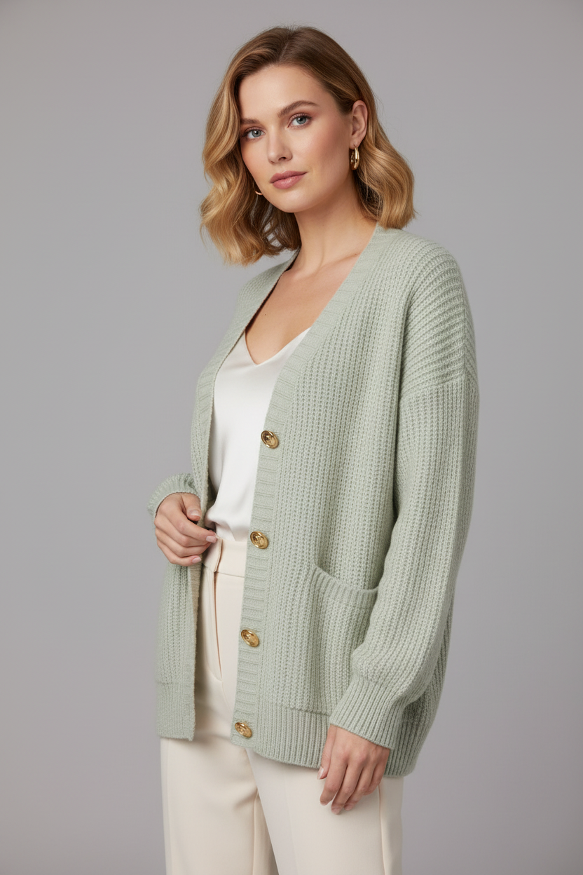 Pale Green Cardigan Studio - Three-Quarter View
