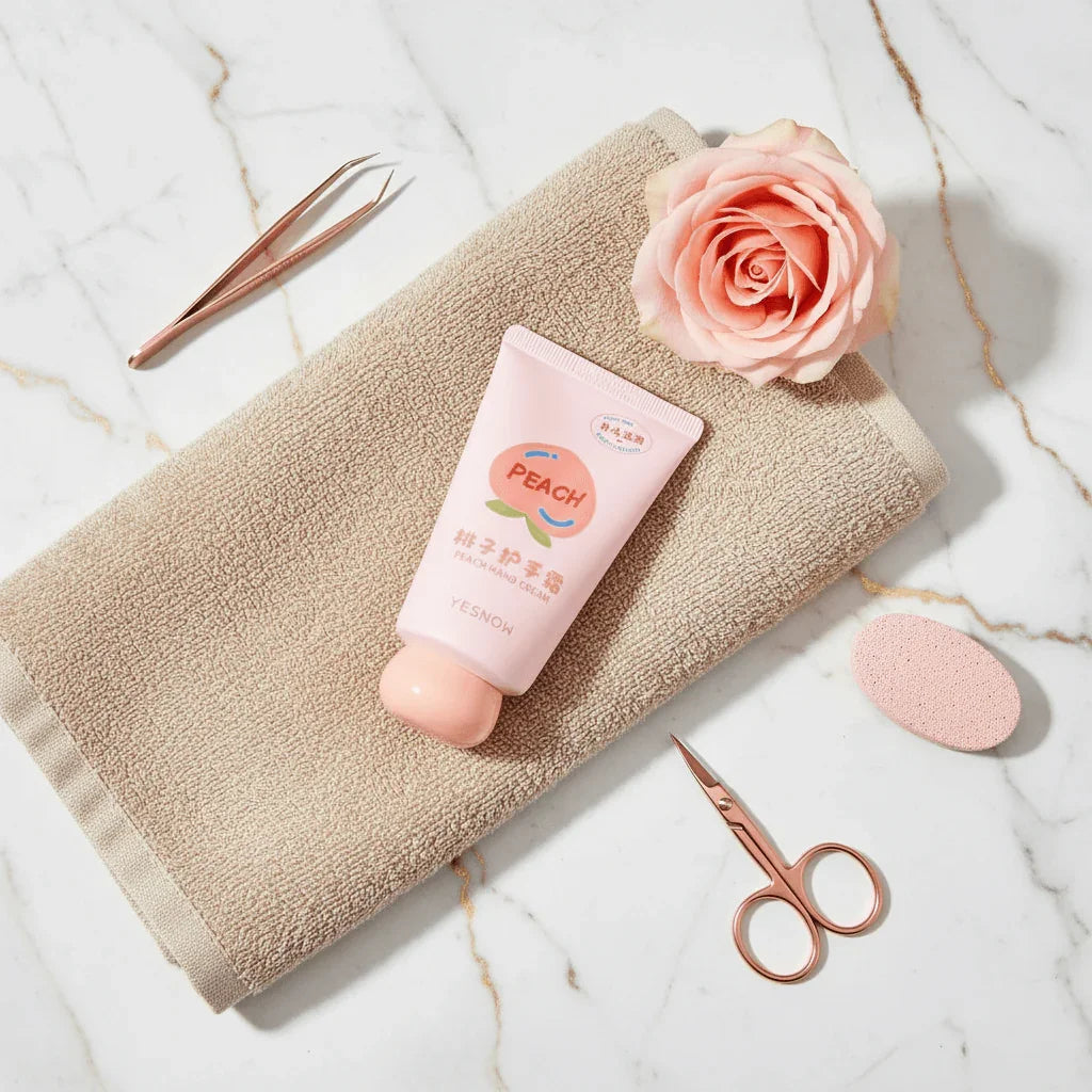 Fruit Fragrance Milky Hand Cream in peach packaging on a soft towel with a rose and beauty tools.