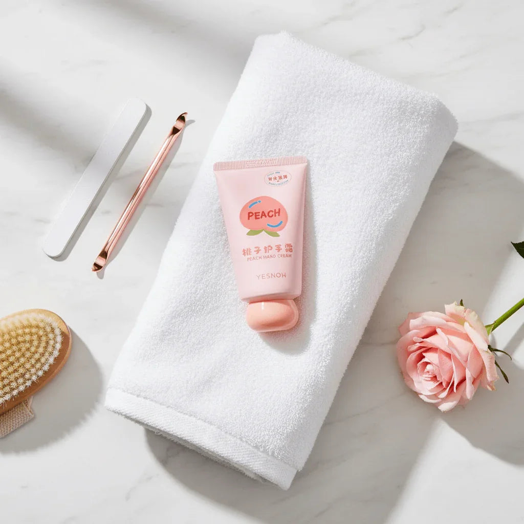 Fruit Fragrance Milky Hand Cream with peach scent on a white towel with a rose and manicure tools.