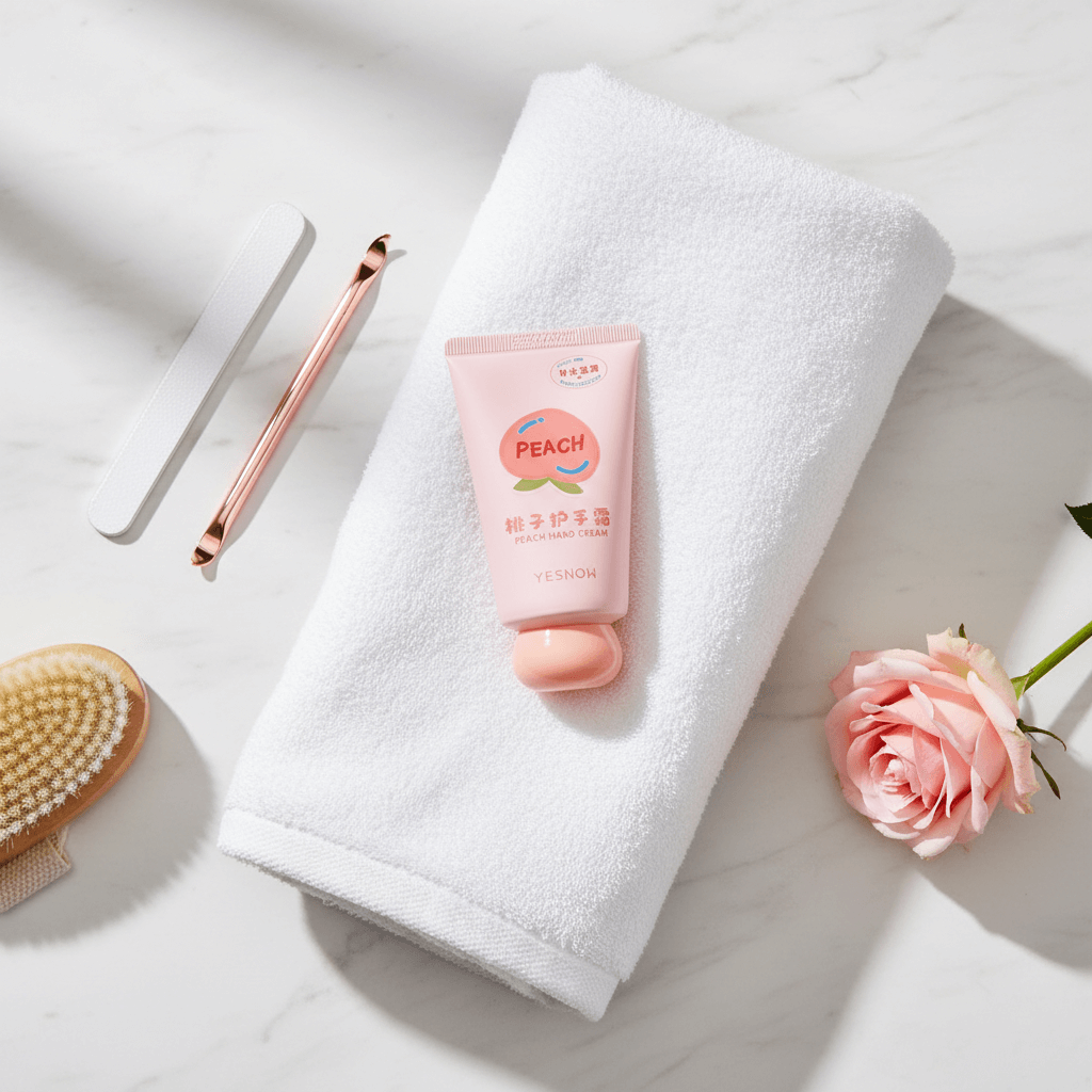 Fruit Fragrance Milky Hand Cream with peach scent on a white towel with a rose and manicure tools.