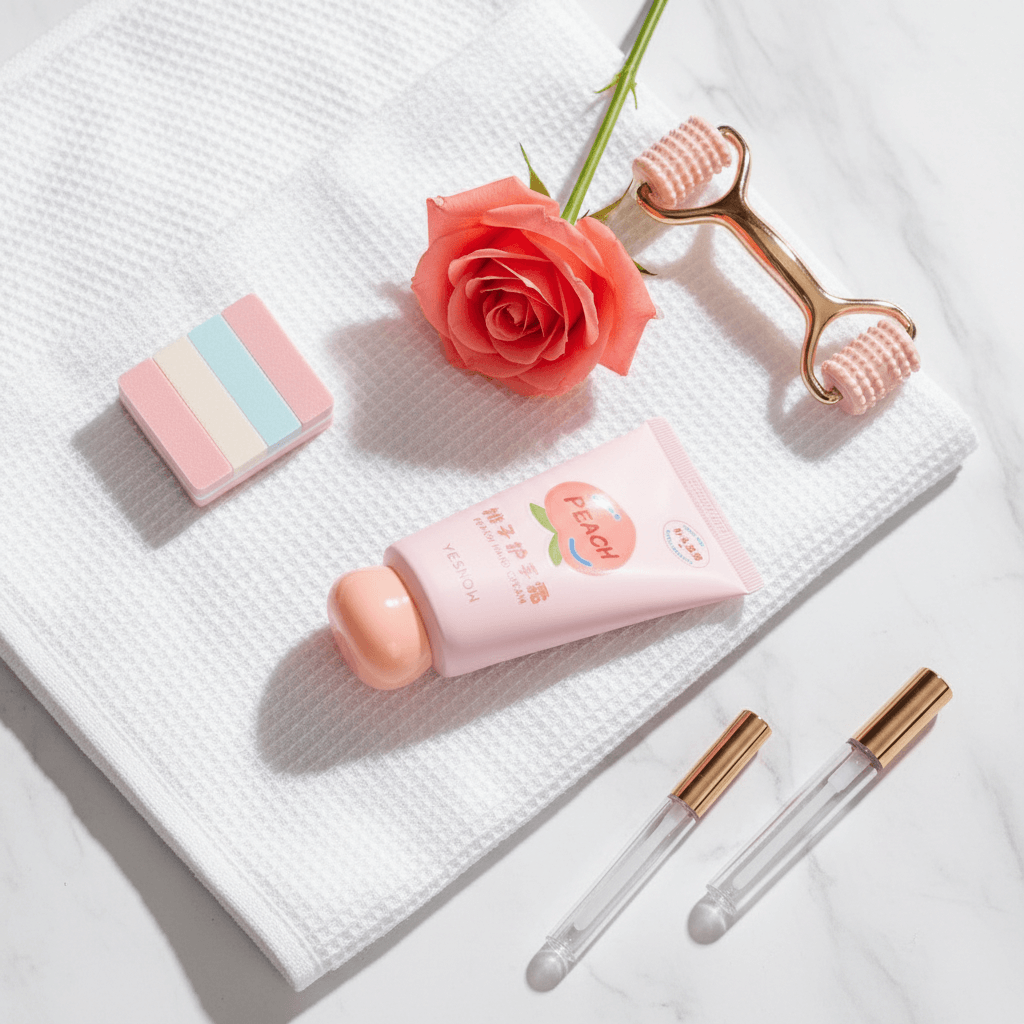Fruit Fragrance Milky Hand Cream on a towel with a rose, roller, and beauty tools, showcasing a skincare routine.